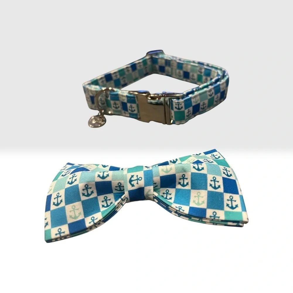 Urara Pup Dog Collar Bow Tie – Nautical Blue & White Anchor – Medium – NWT